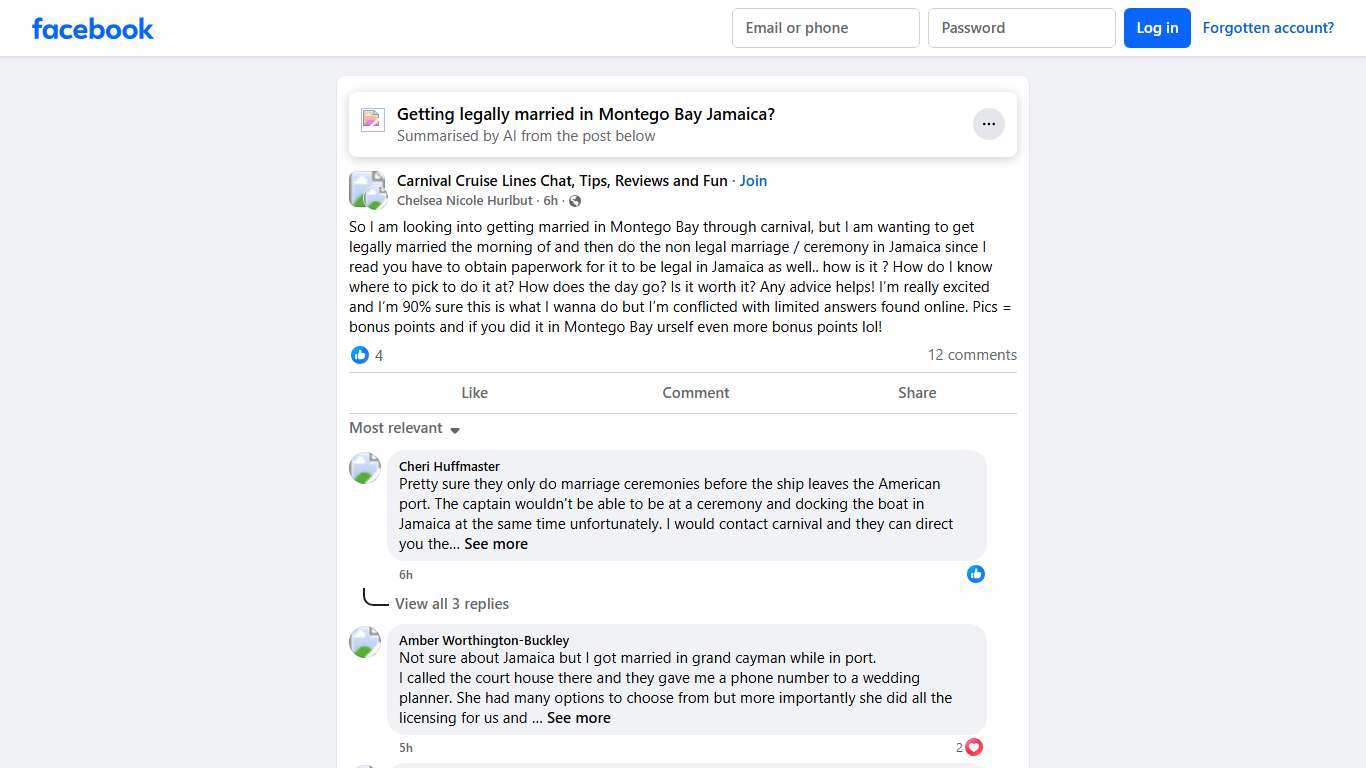 Carnival Cruise Lines Chat, Tips, Reviews and Fun So I am looking into getting married in Montego Bay through carnival, but I am wanting to get legally married the morning of and then do the non legal... Facebook