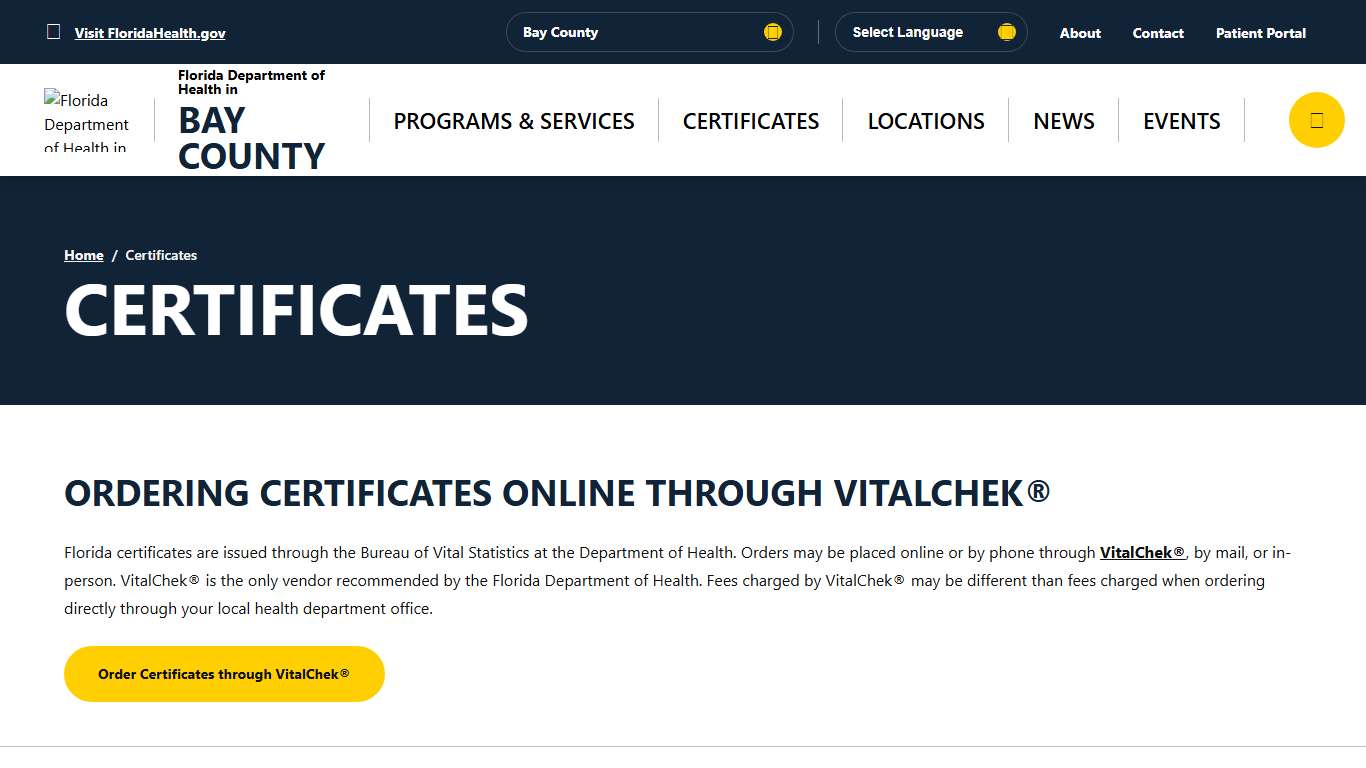 Certificates - Florida Department of Health in Bay County